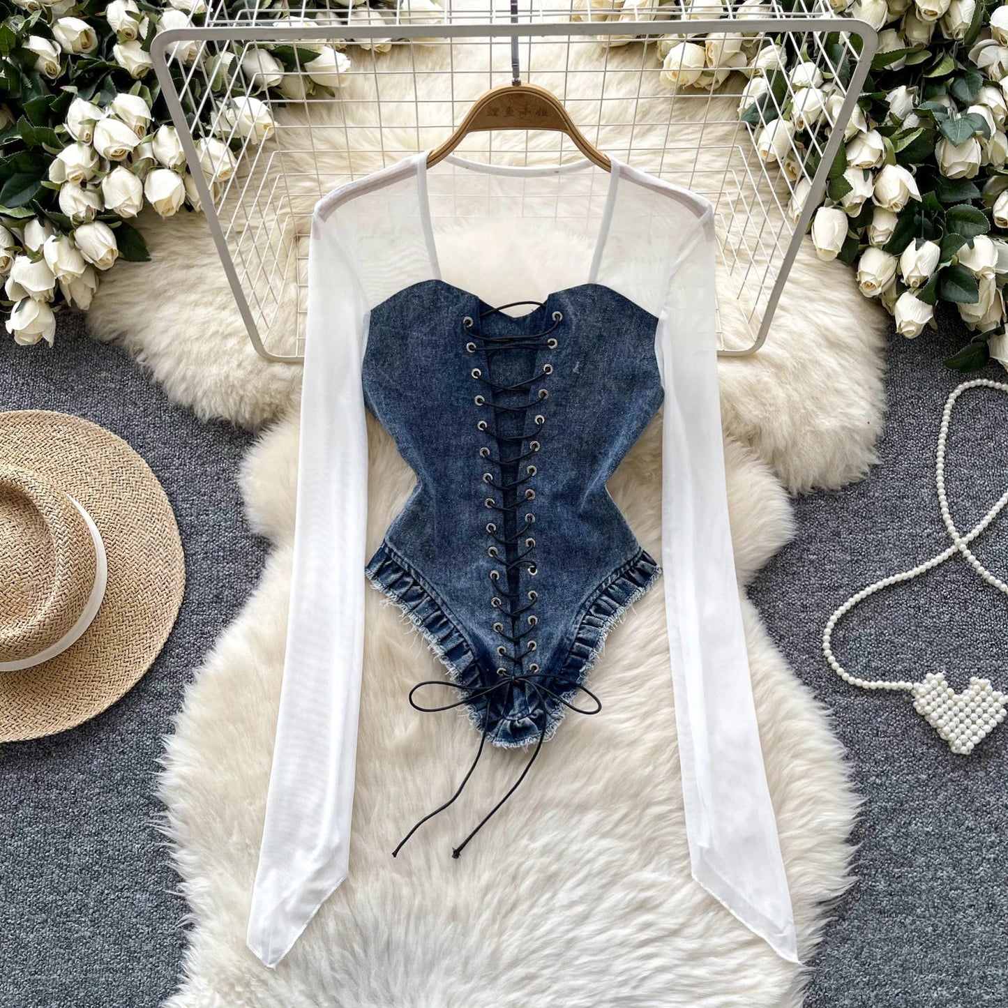 American Retro Patchwork Sexy Blouse 2024 Women Squre Neck Long Sleeves Sheer Top Streetwear Ins Lace Up Denim Shirt