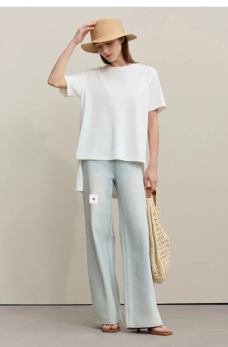 T-shirt Women 2026 Summer New O-Neck Side Slit Cotton Tee Embroidered Letter Lace Accent Women's Short Sleeve Tee 12652029