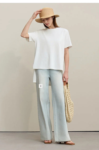 T-shirt Women 2026 Summer New O-Neck Side Slit Cotton Tee Embroidered Letter Lace Accent Women's Short Sleeve Tee 12652029