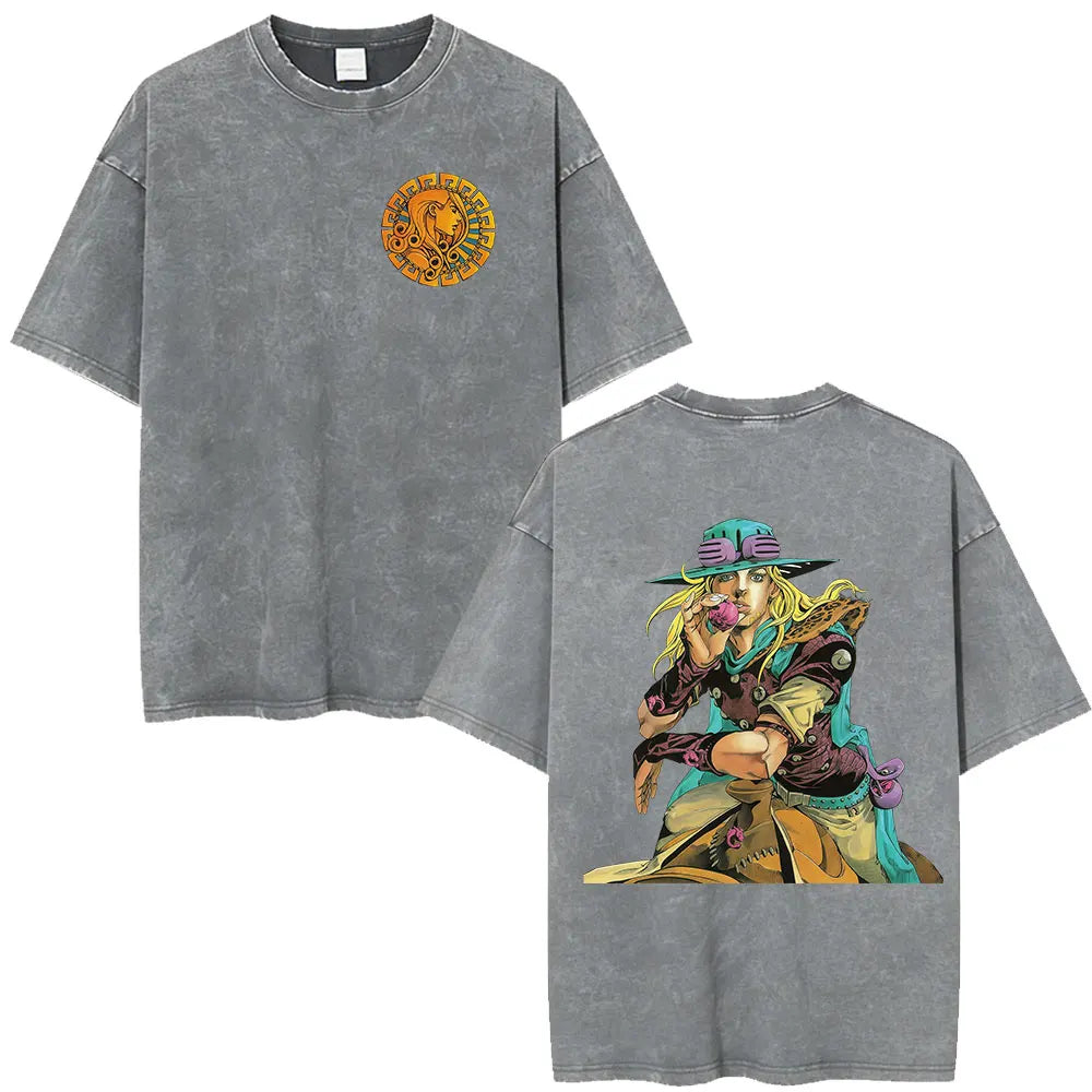 Anime Jojo Bizarre Adventure STEEL BALL RUN Manga Vintage Acid Washed T Shirt Men Women Casual Short Sleeves T-shirt Streetwear