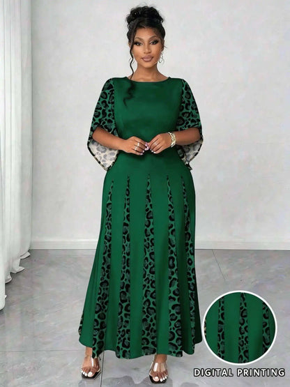 Elegant Leopard Print Maxi Dress, Plus Size Fashionable Long Sleeve Gown, Comfortable & Stylish Women's Clothing