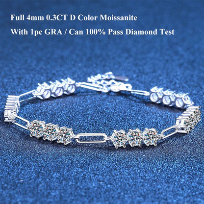 4mm 0.3CT D Color Round  Moissanite Diamond Link Bracelet for Woman Man 925 Silver Adjustable 16cm Chain Bracelets GRA Gift