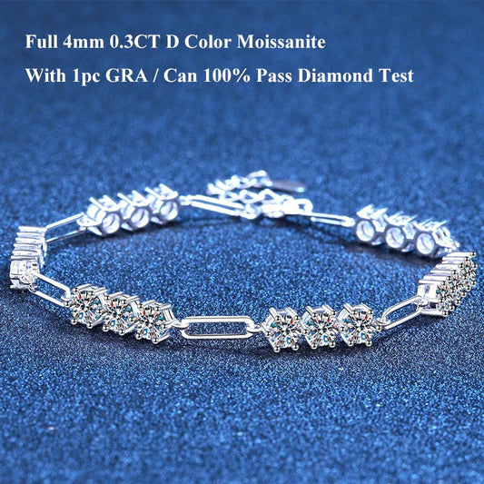 Bracelet maillons en moissanite ronde 4mm 0.3CT couleur D pour femme/homme, bracelet en argent 925 réglable de 16cm, cadeau GRA