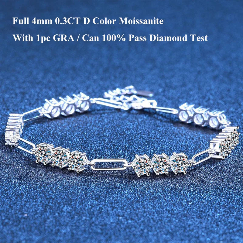 Full 4mm 0.3CT D Color VVS1 Moissanite Diamond Link Bracelet for Woman Man 925 Silver Adjustable 16cm Chain Bracelets GRA