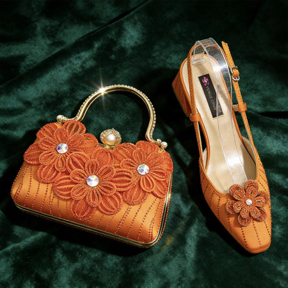 Party Shoes and Bag Ladies Heel Decoration Pure Elegant Flower Wedding Shoes and Bag Full Rhinestone Fashion Handbag