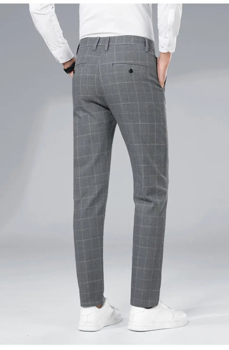 Autumn Winter Men's Business Casual Plaid Pants Korean Fashion Stretch Slim Fit Suit Pants Male Office Formal Versatile Trouser
