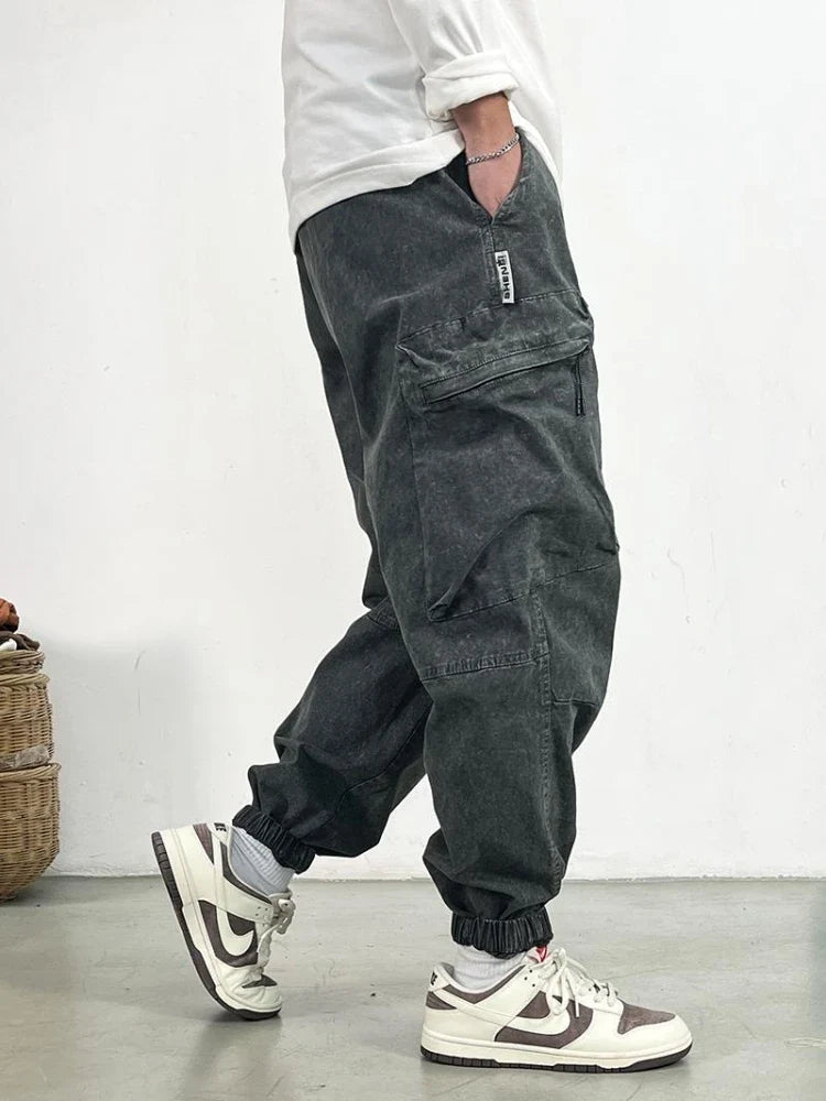 High Quality Snow Wash Distressed Cargo Pants Men Korean Fashion Plus Size Harem Pants Streetwear Joggers Casual Baggy Trousers