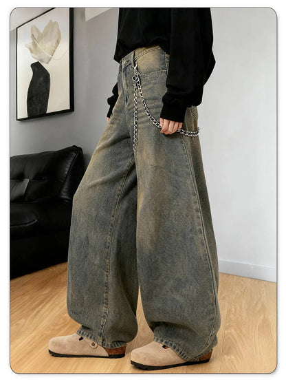 American Retro Baggy Wide Leg Jeans Men's Streetwear Distressed Y2K Clothing Casual Daily Four Seasons Denim Pants Unisex