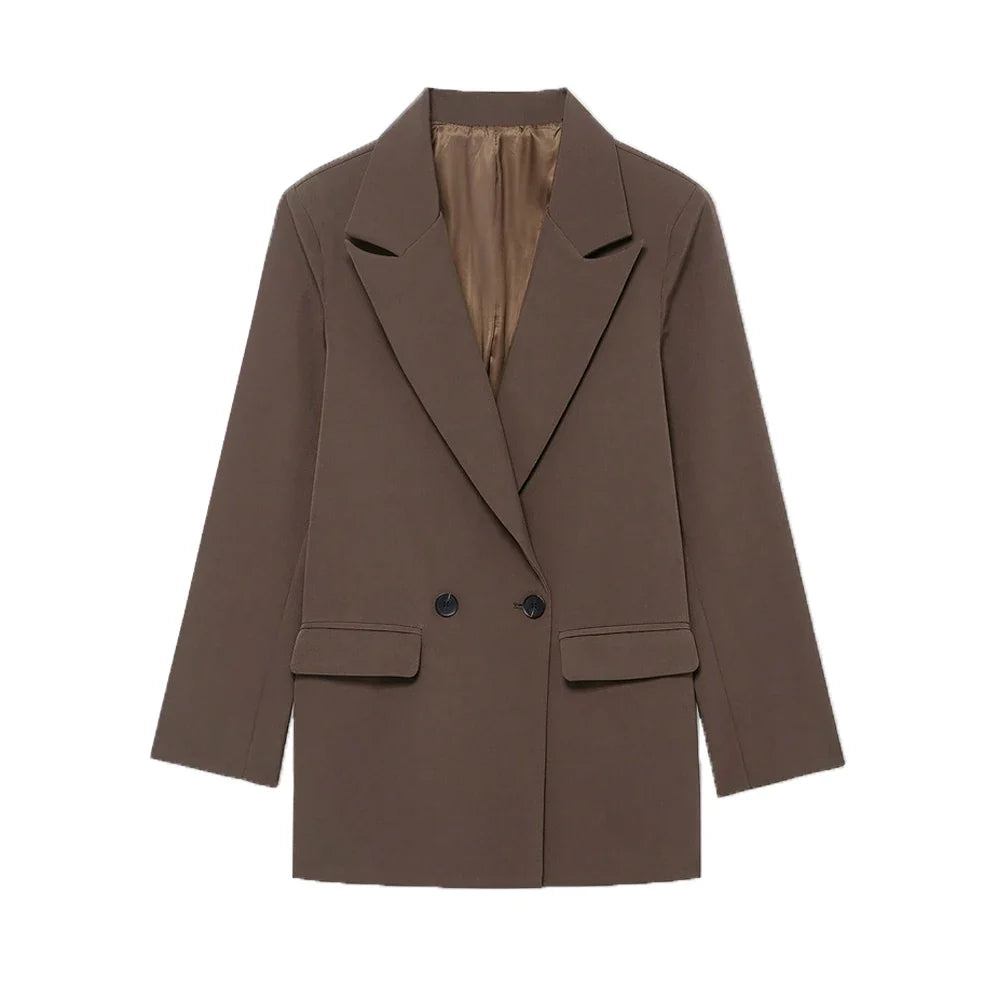 Women's Double-Breasted Solid Color Blazer Coat Long Sleeve Office Wear for Spring Autumn Winter Old Money Style