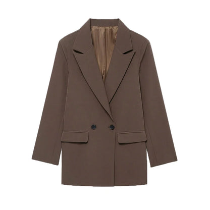 Women's Double-Breasted Solid Color Blazer Coat Long Sleeve Office Wear for Spring Autumn Winter Old Money Style