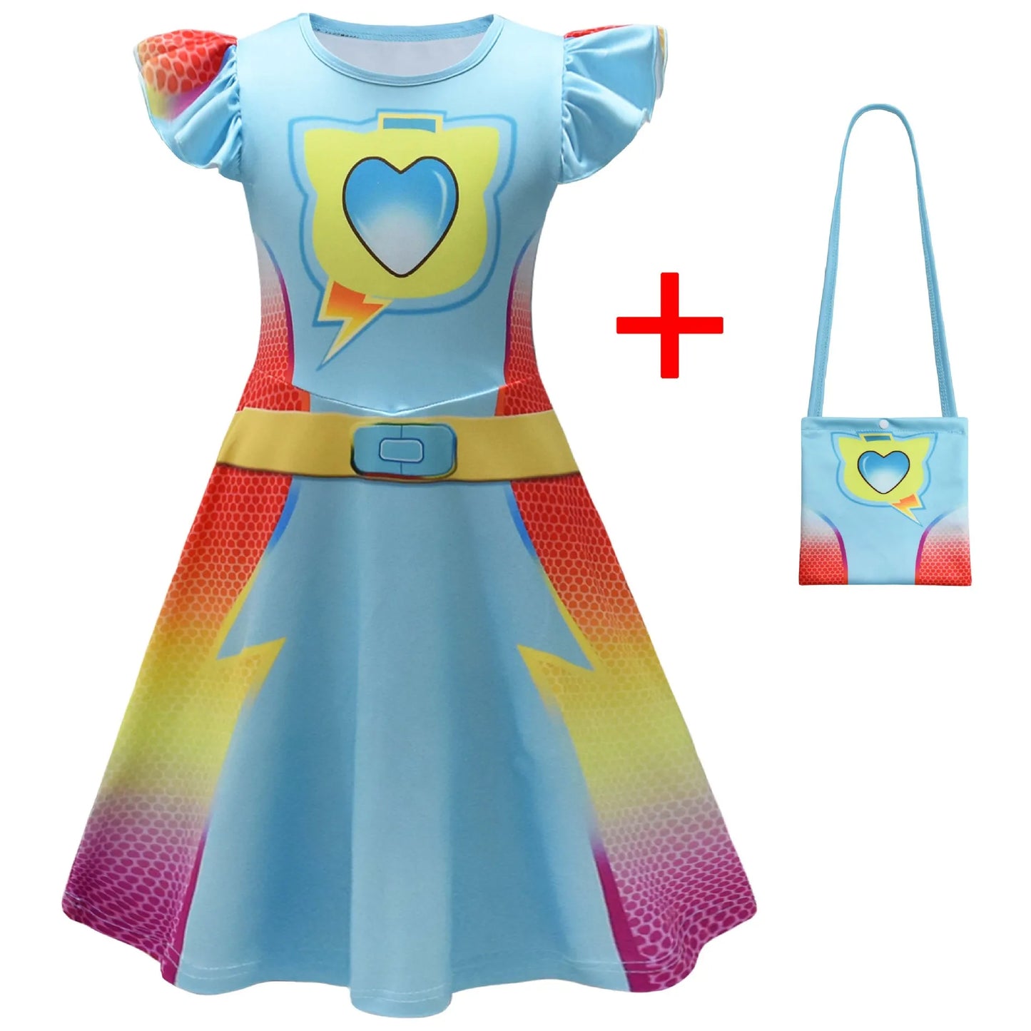 Children's SuperKitties Dresses Super Kitties Cosplay Costume Girls Flying Sleeves A-Line Dress Bag Mask Carnival Birthday Gift