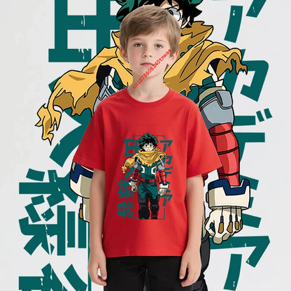 Kids Cotton Tshirt Mha Midoriya Print Anime Cartoon Tops for Boys Girls 100-160cm Casual Tee Children Clothing