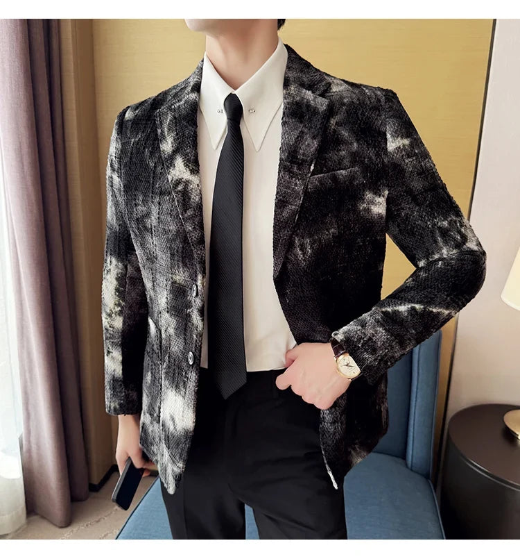 High QualityTie Dye Chenille Men Fashion Casual Suit Jacket Autumn Winter New Korean Slim Fit Social Wedding Suit Blazer