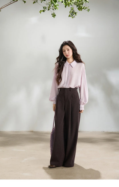 Women's Lapel Lantern Sleeve Shirts 2026 Spring Lace Trim Casual Loose Breathable Solid Shirt Office Lady MXF13C2436