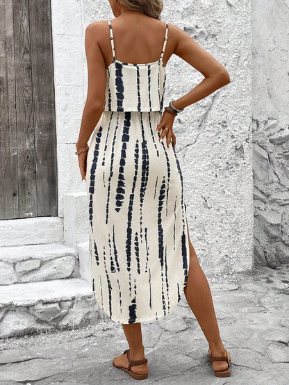 Women's Summer Spaghetti Strap Dress with Belt & Side Slit - Casual Sleeveless Flowy Dress