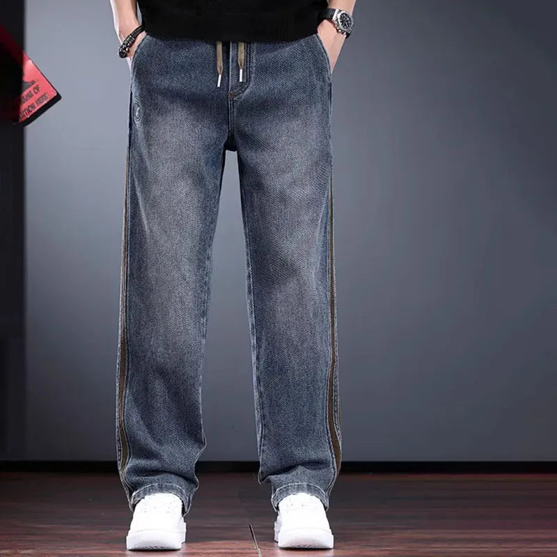 Korean Men'S Jeans Fashion Casual Pants Retro Men'S Straight Leg Pants Side Striped Denim Drawstring Pants