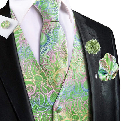 Luxury Men Silk Vest Gold Black Blue Red Green Purple Floral Waistcoat Tie Hanky Cufflinks Brooch Wedding Formal Business