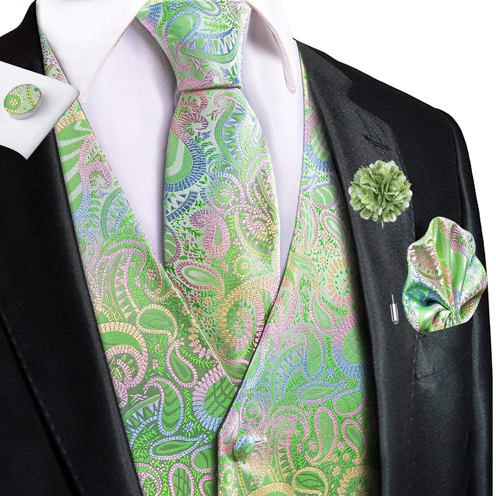 Navy Blue Mens Silk Vests Business Paisley V-Necl Waistcoat Tie Hanky Cufflinks Brooch Set for Men Suit Wedding Formal Hi-Tie