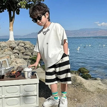 Summer Boys Cotton Leisure White T-Shirt Tops+Contrast Stripes Shorts Pant Set School Kids 2PCS Tracksuit Children Outfit 3-14Yr