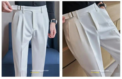 Pure Color Male Business Wedding Dress Pants Fashion Unique Design Men Waist Adjustable Suit Pant No Belt Slim Trousers Homme