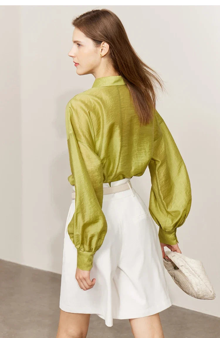 Minimalist Blouse for Women 2023 Autumn Lantern Sleeve V-Neck Slightly Transparent Elegant Commuter Clothing Tops 72341030