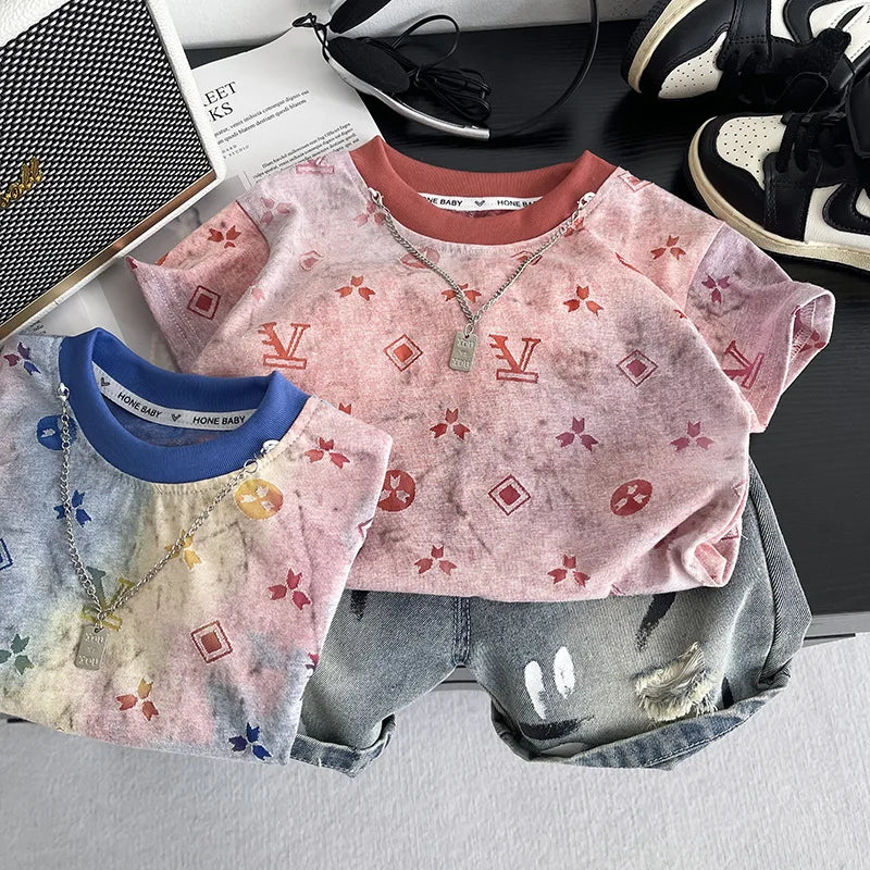 New Summer Suits for Baby Clothing Kids Various Graphic Prints Tshirt + Ripped Jeans 2pcs/sets Toddler Boy Fashion Clothing