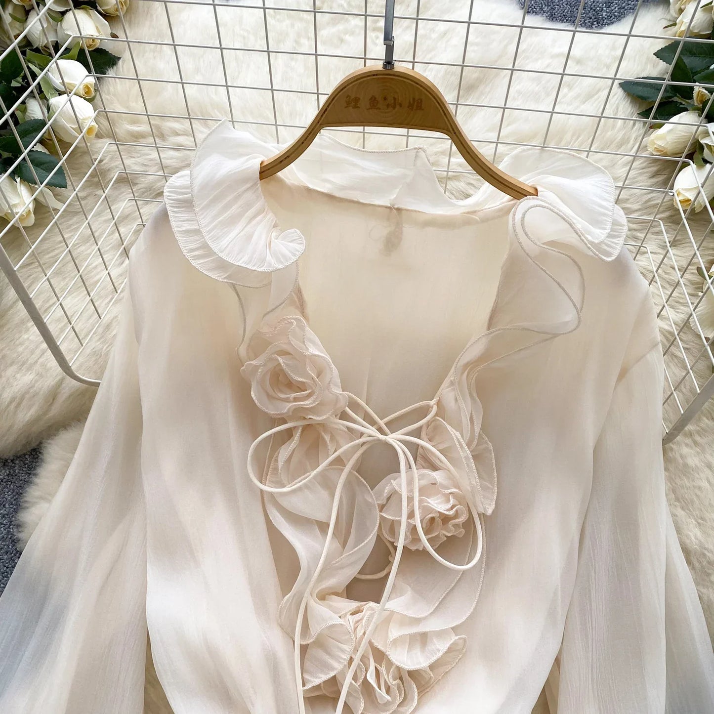 3D Floral Beach Short Dress Female Long Sleeves Lace Up Ruffle Chiffon Cake Sundress Sheer Sexy Vintage Bohemian Dress