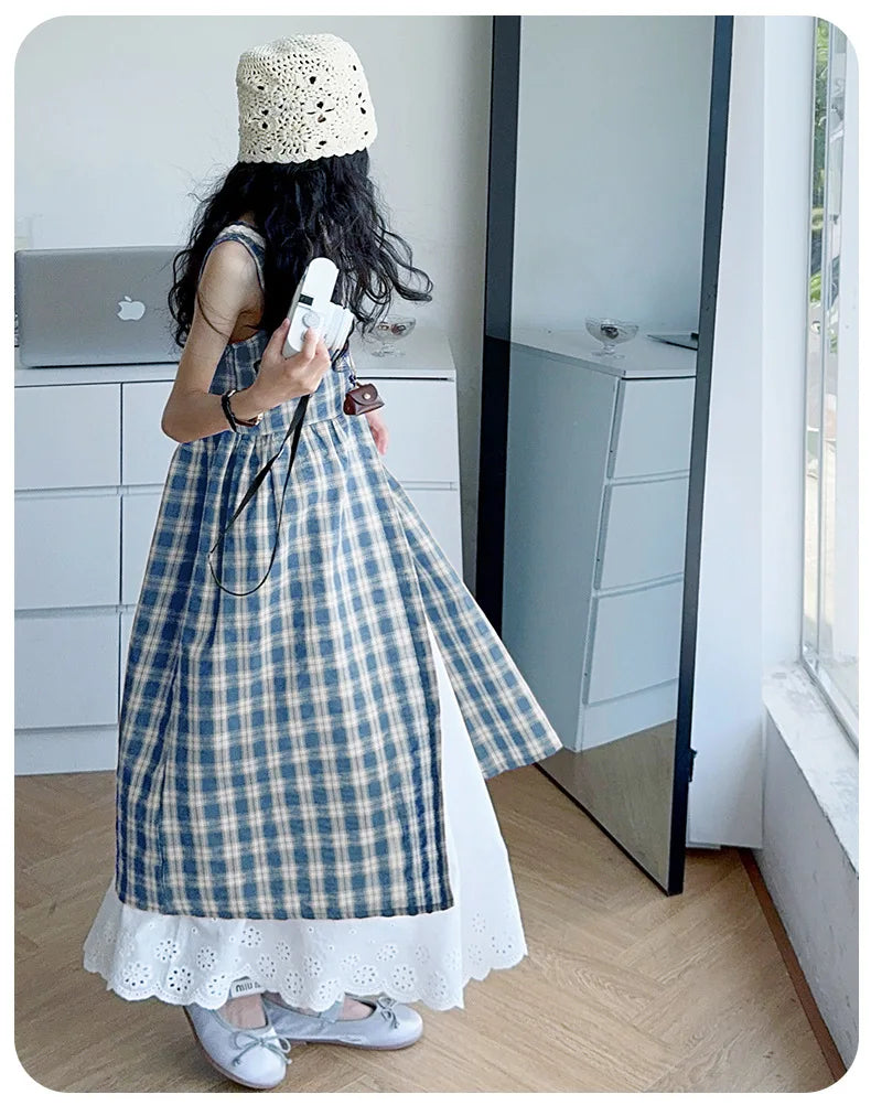 Summer Girls Retro Red Plaid Vest Dress 2-Piece Set Thin French Style Strappy Sundress Casual Vacation Outfit Teen Kids Clothes