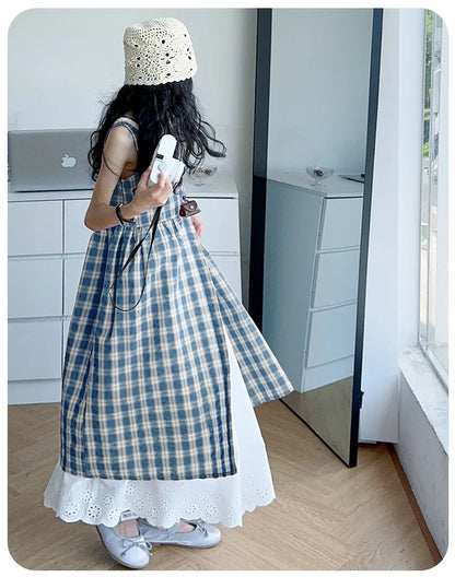 Summer Girls Retro Red Plaid Vest Dress 2-Piece Set Thin French Style Strappy Sundress Casual Vacation Outfit Teen Kids Clothes