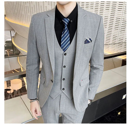 Winter Stripes Three-piece High-Grade Groom Wedding Suit with Vest And Trousers Business Fashion Handsome Casual Wedding Outfit