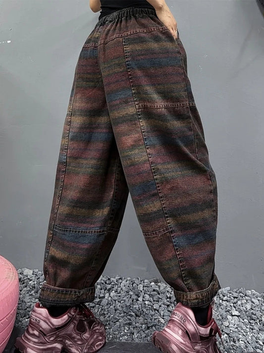 Fall Korean Casual Jeans Womens Classic Striped Fashion Vintage Denim Pants Ladies Loose Elastic Waist Harem Trousers