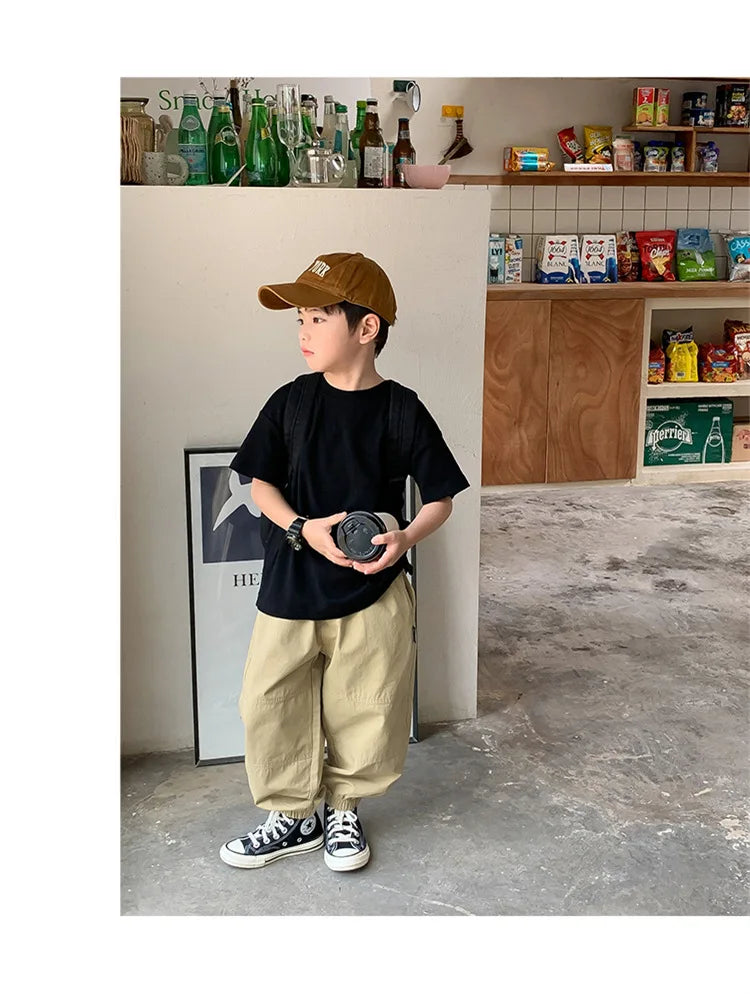 Summer Casual School Kids Cotton Plain Tee Tops Baby and Boys Short-Sleeved T-Shirt Children Outfit Clothing 1-16 Years