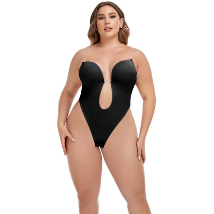 Invisible Shaper Bra Bodysuit Women Corset Backless Deep V U-Plunge Thong Waist Trainer Clear Strap Padded Push Up Shapewear