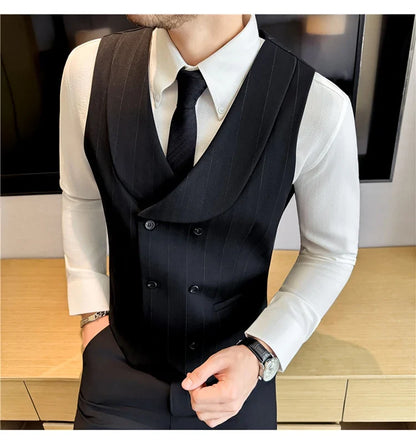 ( Vest+Pants) Autumn Winter Thicken Wool Striped Suit Vest 2 pieces Men Fashion Slim Fit Business Casual Wedding Dress Vest Sets