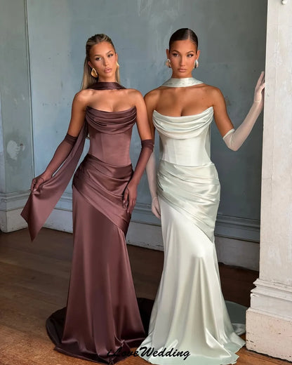 Elegant Strapless Women's Evening Dress 2026 Scarf Mermaid Pleated Women Party Dress Sweep Train Ribbons Formal Gowns Customized