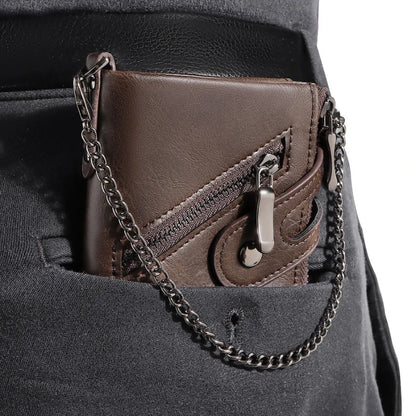 Men's Chain Wallet RFID Anti-Theft Men's Retro Leather Wallet Double Zipper Coin Purse Credit Card Holder for Men and Women