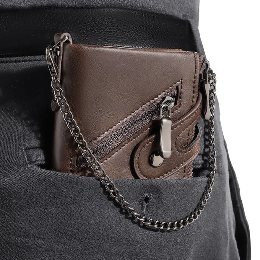 Portefeuille chaîne pour homme, anti-RFID, rétro en cuir, avec double fermeture éclair, porte-monnaie et porte-cartes de crédit pour homme et femme