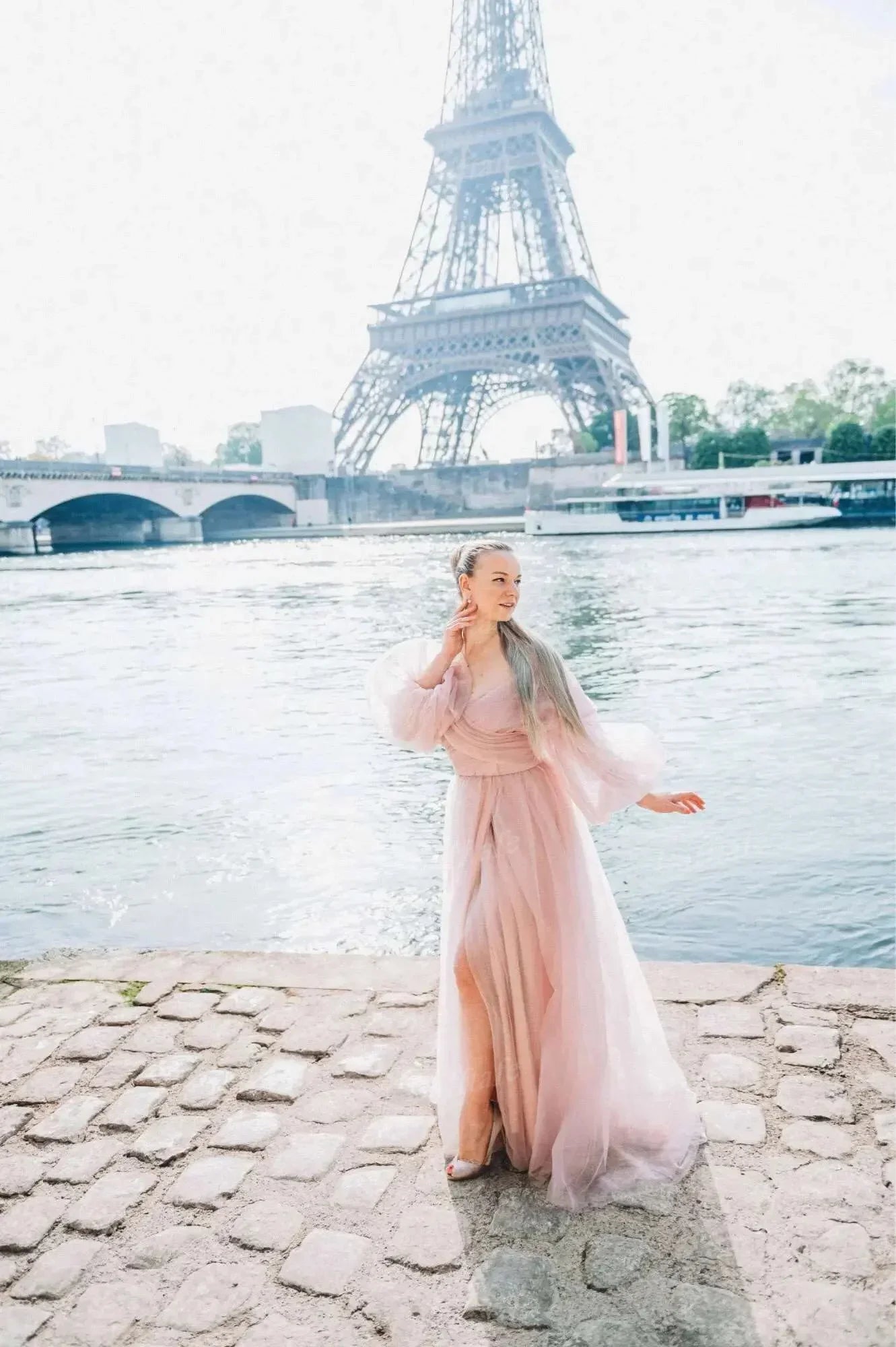 Customized Pink Shiny Tulle Prom Dresses Off Shoulder Long Puff Sleeve Evening Party Gowns Slit Women Wedding Dress