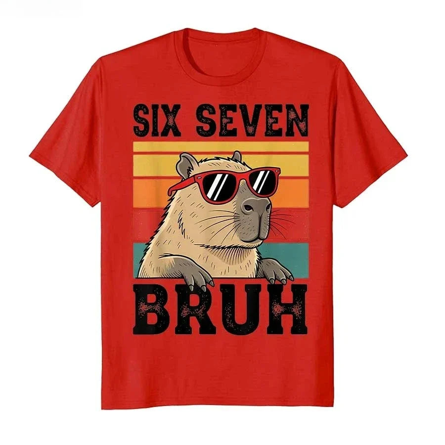 Six Seven Bruh Meme Funny Capybara T-shirt For Women Short Sleeve Tops Summer Short sleeved Harajuku streetwear Tops Tees  ﻿