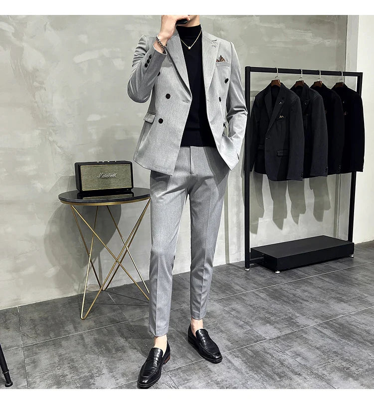 ( Blazers + Pants ) Boutique Fashion Solid Color Double-breasted Men's Casual Business Slim Suit 2-piece Set Groom Wedding Dress