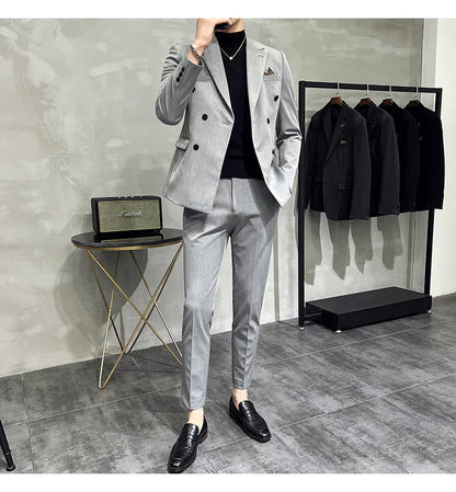 ( Blazers + Pants ) Boutique Fashion Solid Color Double-breasted Men's Casual Business Slim Suit 2-piece Set Groom Wedding Dress