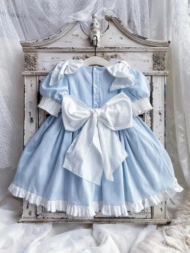 Baby Girl Princess Cotton Bow Pearl Dress Infant Toddler Child Ruffled Spanish Blue Vestido Birthday Party Baby Clothes 18M-7Y