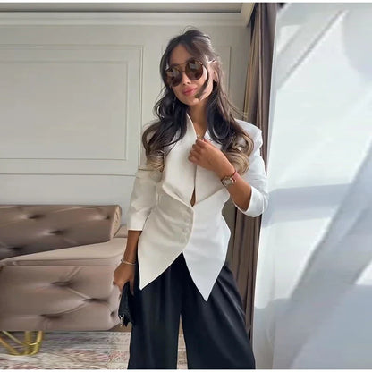 Chic Pleated Waist Cinched Women's Jacket V Neck Single Breasted Lace Up Blazer Coat Lady 2026 Casual Slim Commute Outerwear