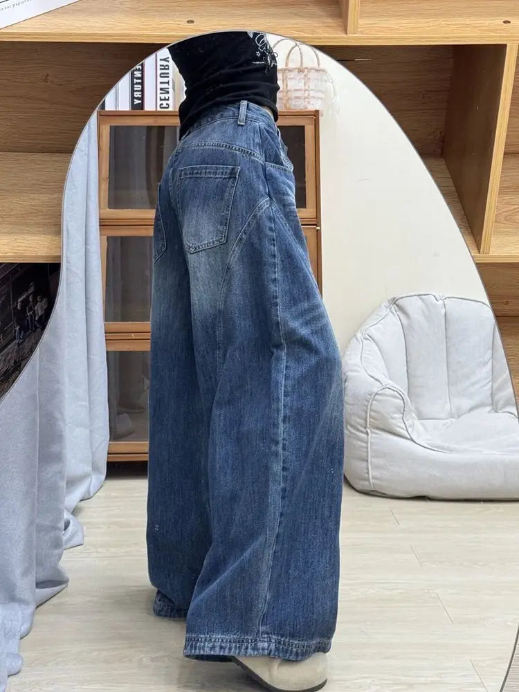Chic American Street Style Vintage Curved Hem Jeans Women Edgy Design Loose Fit Slimming Wide Leg Floor Length Denim Pants