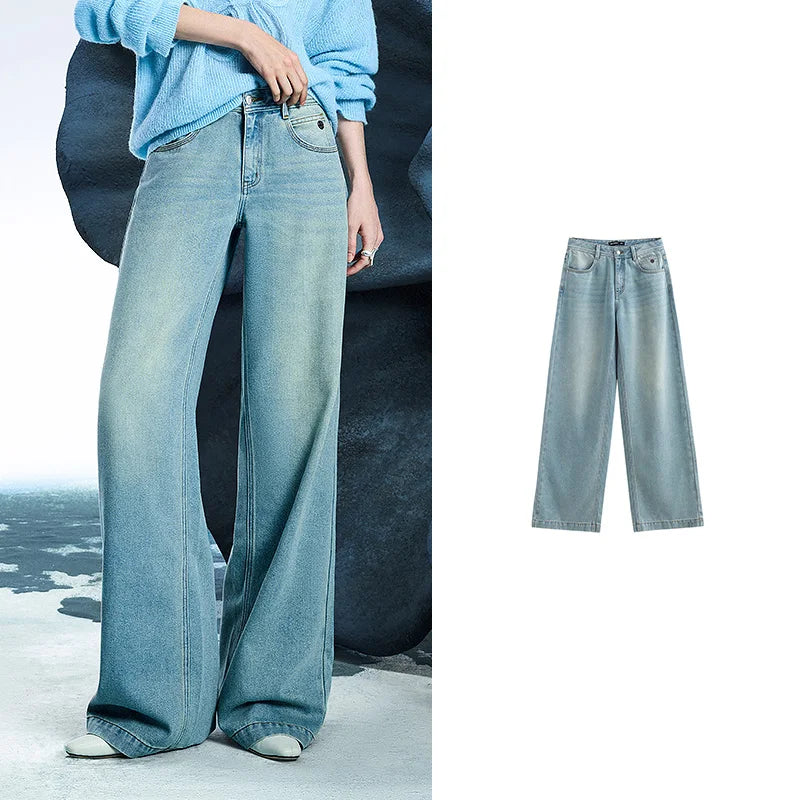 Women Denim Jeans 2025 Spring New Acetate Wide Leg Mid Low Waist Slim Fit Straight Wide Leg Pants