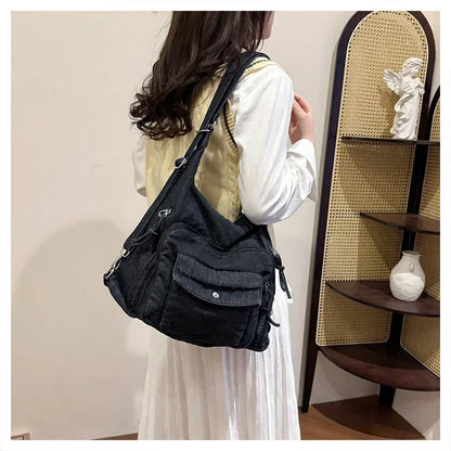 Solid Color Denim Trendy Shoulder Bag for 2025 High Quality Fashion Zipper Large Capacity Versatile Women's Crossbody Bag