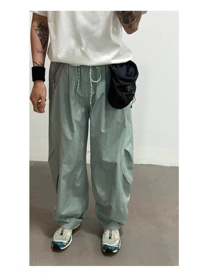 Unisex Lightweight Parachute Pants Spring Summer Outdoor Hiking Plaid Patchwork Color Block Loose Fit Casual Streetwear Trendy