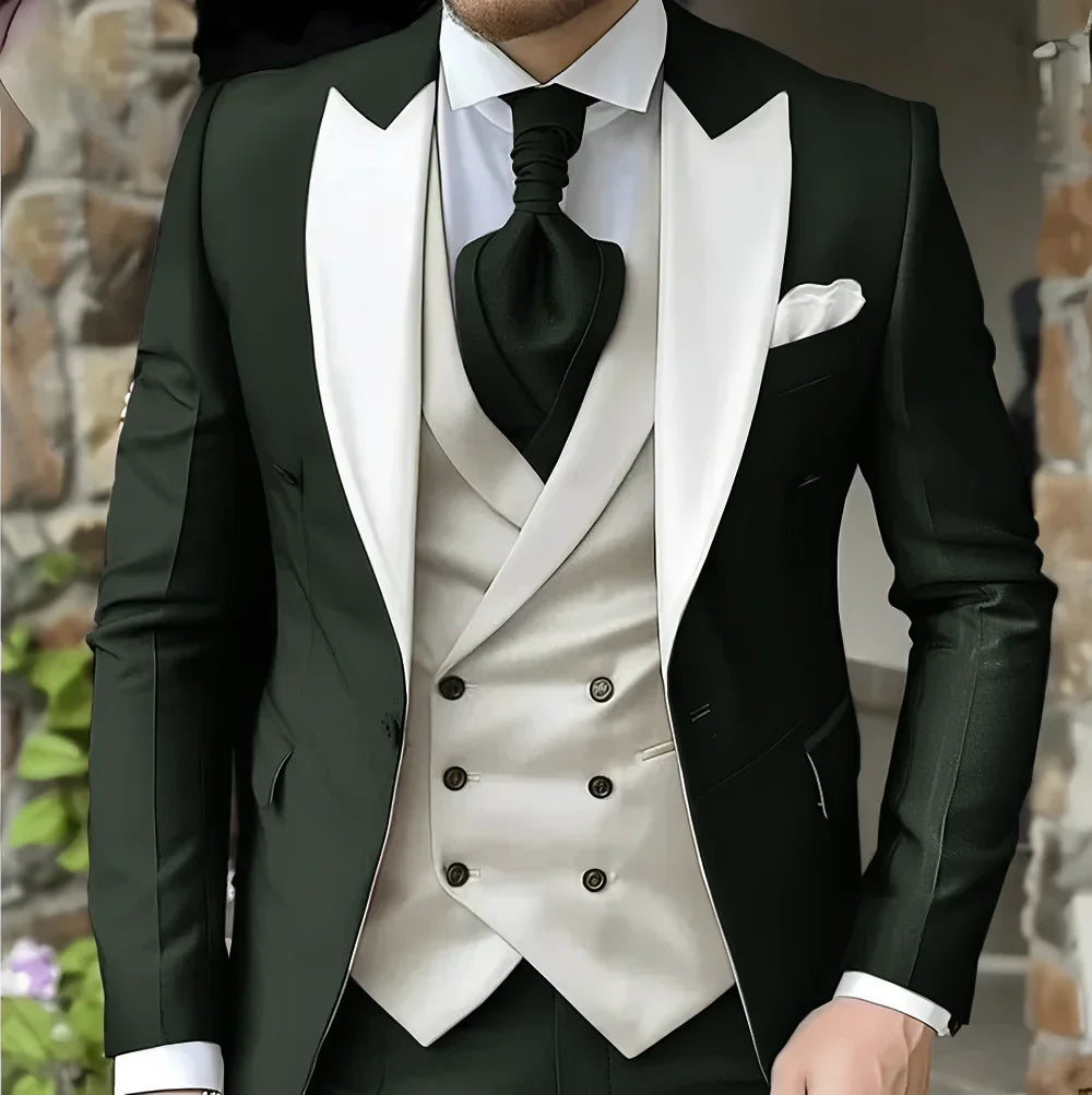 Men's Elegant Peak Lapel Tuxedo 3-Piece Suit with Blazer Vest Formal Men's Suit for Business Prom Business Dinner