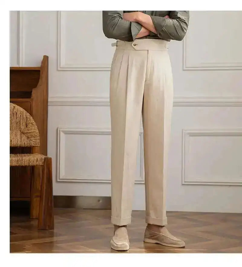 Linen Cotton High Waist Straight Casual Pants Men Versatile Naples Gentleman Pleated Pants High Quality Italian Dress Trousers