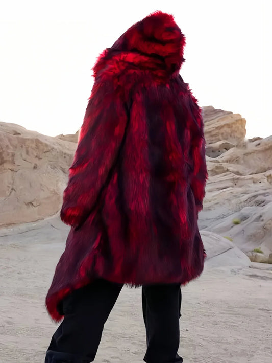 Autumn/Winter Long Warm Fluffy Faux Fur Coat Red Men's Long Sleeve High Quality Luxury Fluffy Coat